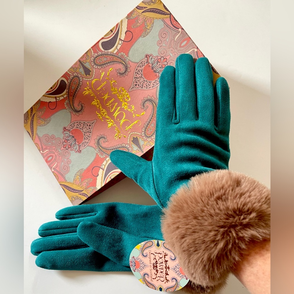 New w/gift box. Teal Gloves with Faux Fur Trim Powder Designs Edinburgh Scotland